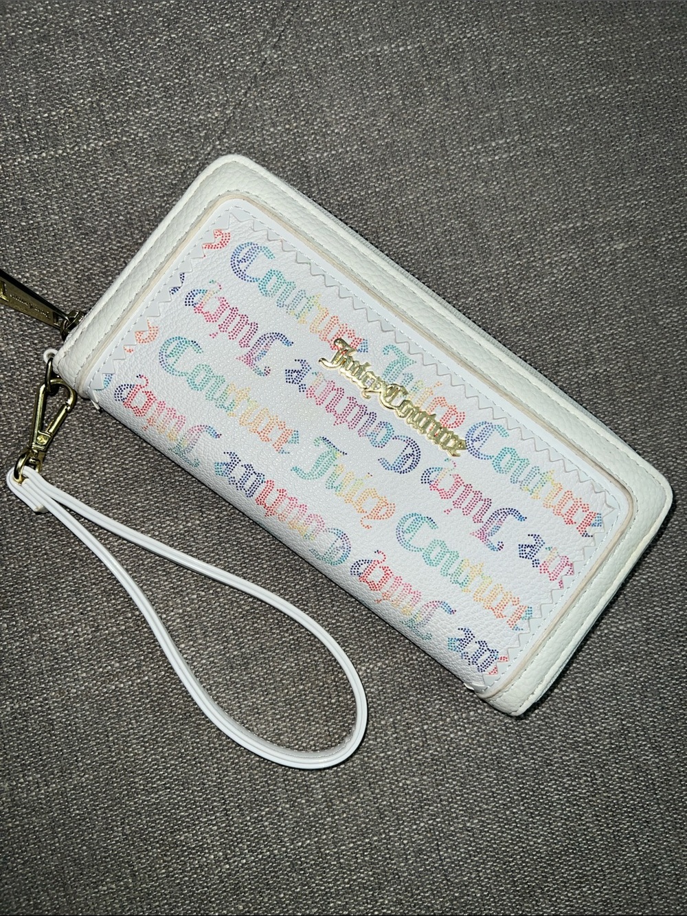 Juicy Couture White Zip Wristlet Wallet with Pastel Multicolor Logo